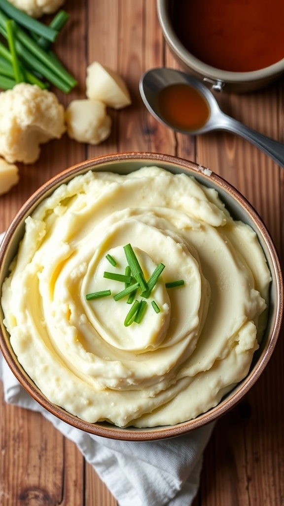 Creamy 50/50 mashed potatoes garnished with chives in a rustic bowl on a wooden table.